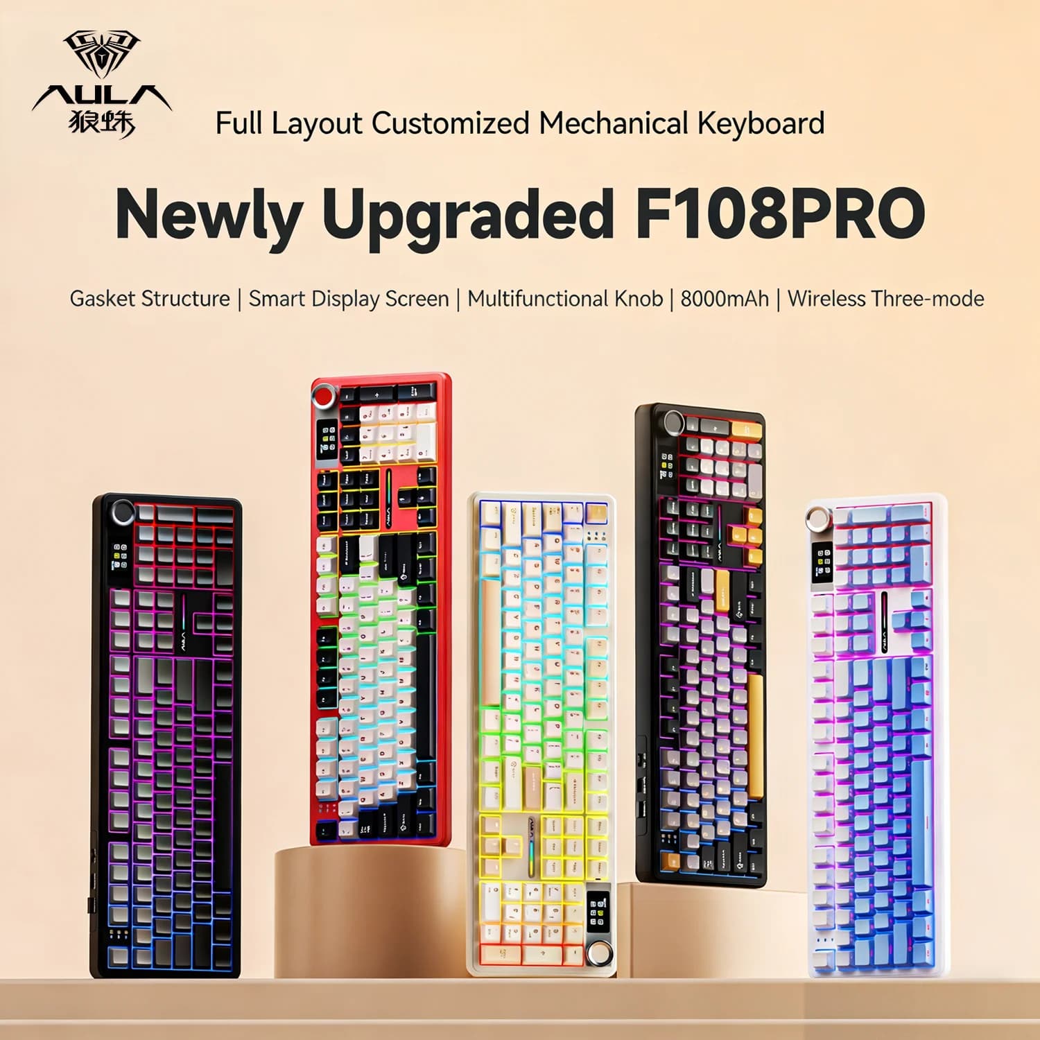 AULA F108 PRO Tri-model Hot Swappable 8000mAh with Pre-lubricated Switch, PBT RGB Keycaps, PC Keyboard with Remote Sound