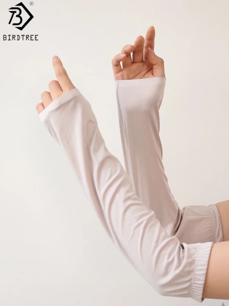 BirdTree, Maniche Protettive Solari 90% Seta 10% Spandex, Guanti Elastici Sportivi da Donna Anti-UV per la Guida, Estate 2026 A66123JF