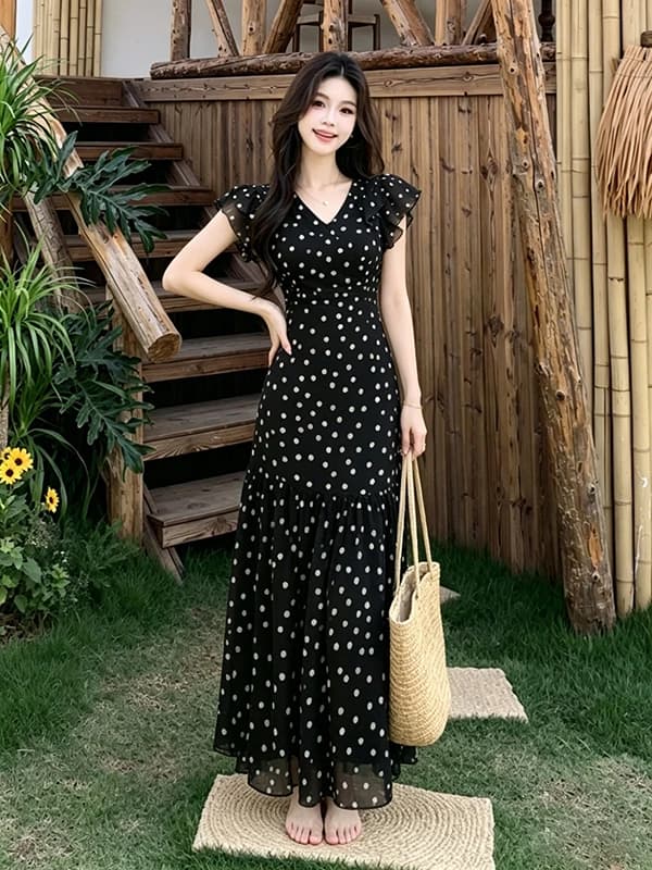 Elegant Polka Dot V-neck Dress Women's Summer New Retro Waist-cinching Slimming Long Sleeve Fly Sleeve A-line French Style Dress