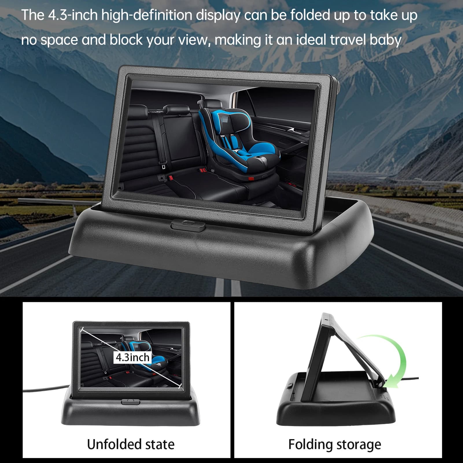 Telecamera per Auto con Schermo Pieghevole da 4,3 Pollici, Visione Notturna 150°, Risoluzione 1080P ° Specchietto Retrovisore per Auto con Ampio Angolo di Visione per Monitoraggio del Bambino sul Sedile Posteriore