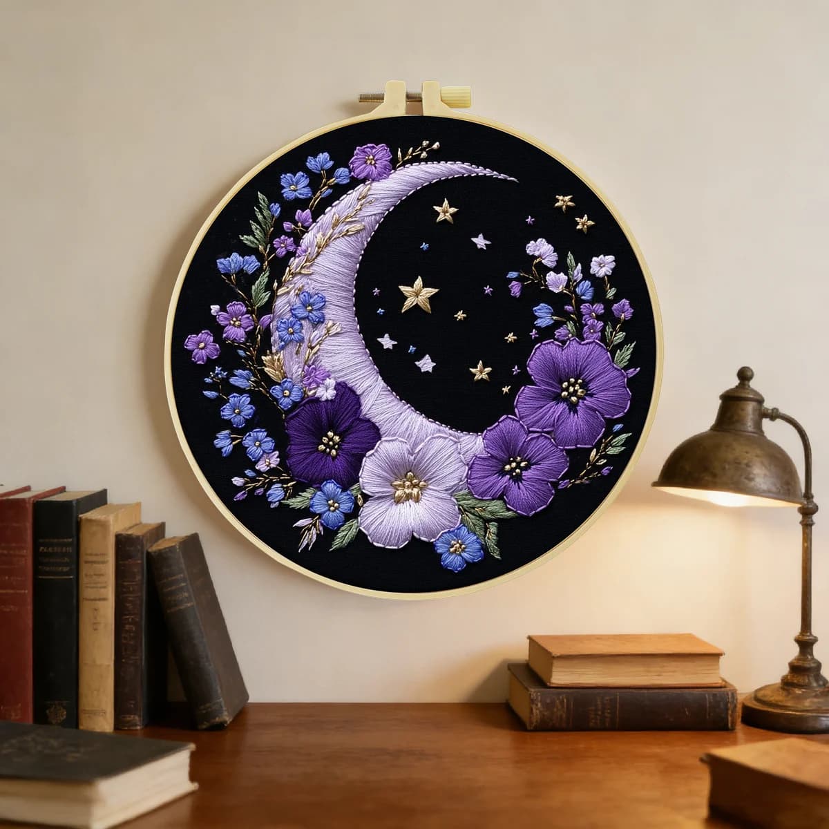 Kit Ricamo Luna 20x20cm (7.87 pollici) Idrosolubile - Kit Fai da Te per Principianti - Kit Artigianale per Cucito e Arte