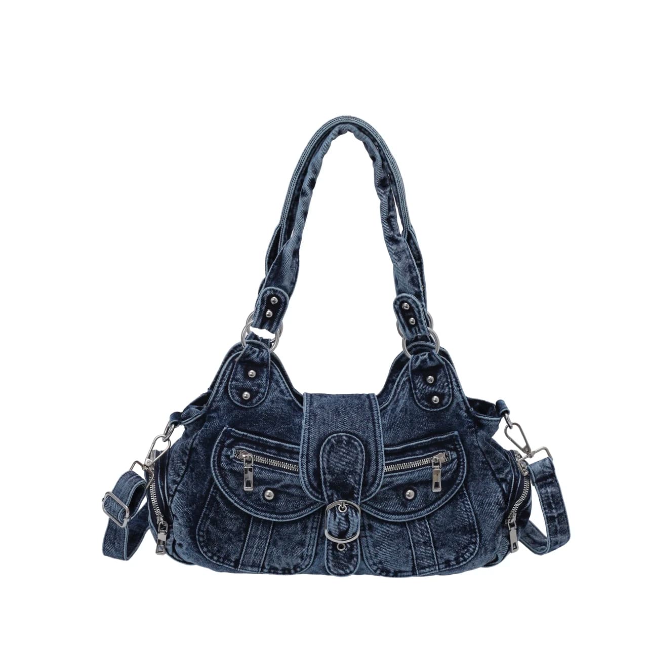Acid Washed Denim Shoulder Bag Retro Hobo Satchel Multi Zipper Pockets Rivet Buckle Detachable Strap Vintage Jean Purse