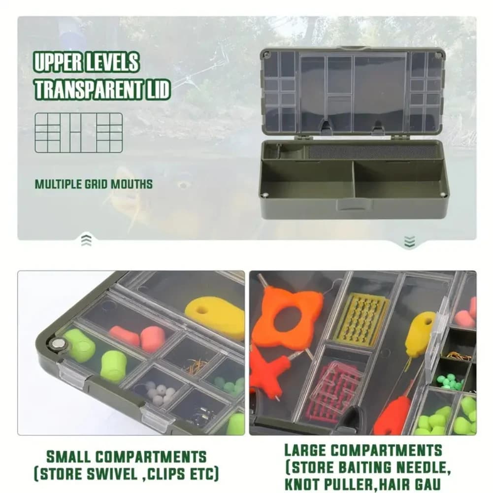 Fishing Storage Box with 10 Hair Rig Pins Magnetic Buckle Cover and Removable Compartments for Organized Carp Angling Tackle