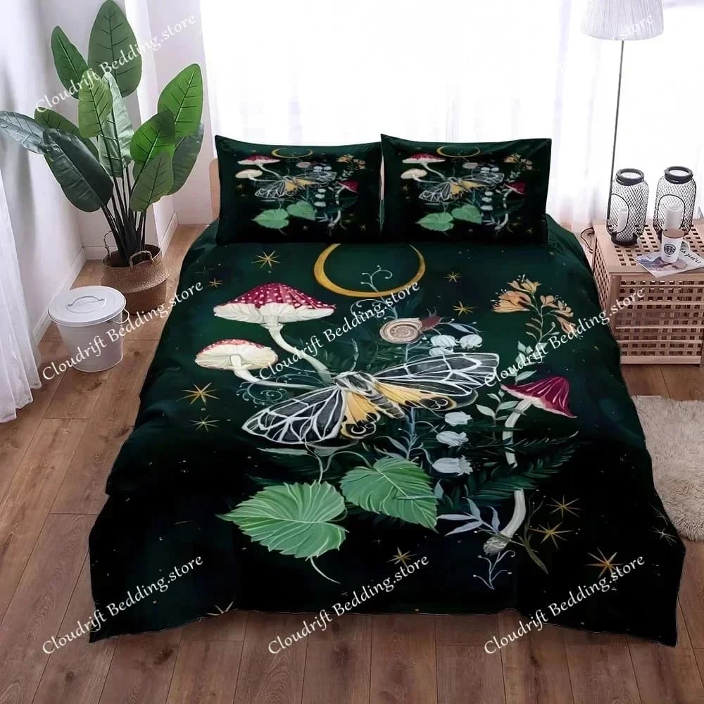 Set Copripiumino con Illustrazione Chic di Funghi, Set Biancheria da Letto per Letto Singolo, Matrimoniale, Queen, King, Set Biancheria per la Casa Textileextile026
