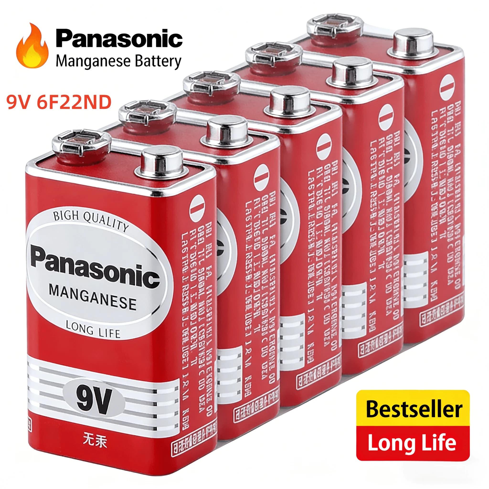Batteria alcalina Panasonic 6F22ND 9V originale al 100%, senza mercurio, a lunga durata, per rilevatore di fumo/sveglia/microfono wireless