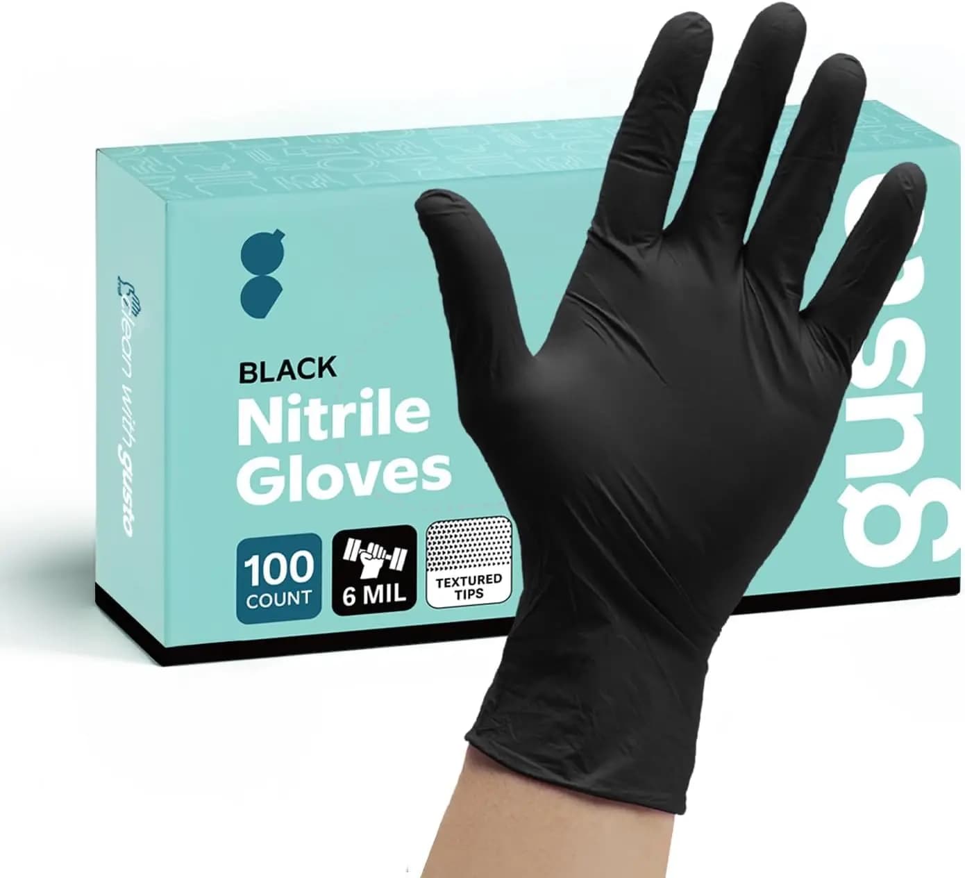 Guanti Monouso in Nitrile Nero da 6 Mil, Resistenti agli Agenti Chimici, Senza Lattice e Senza Polvere, con Punte delle Dita Texturizzate