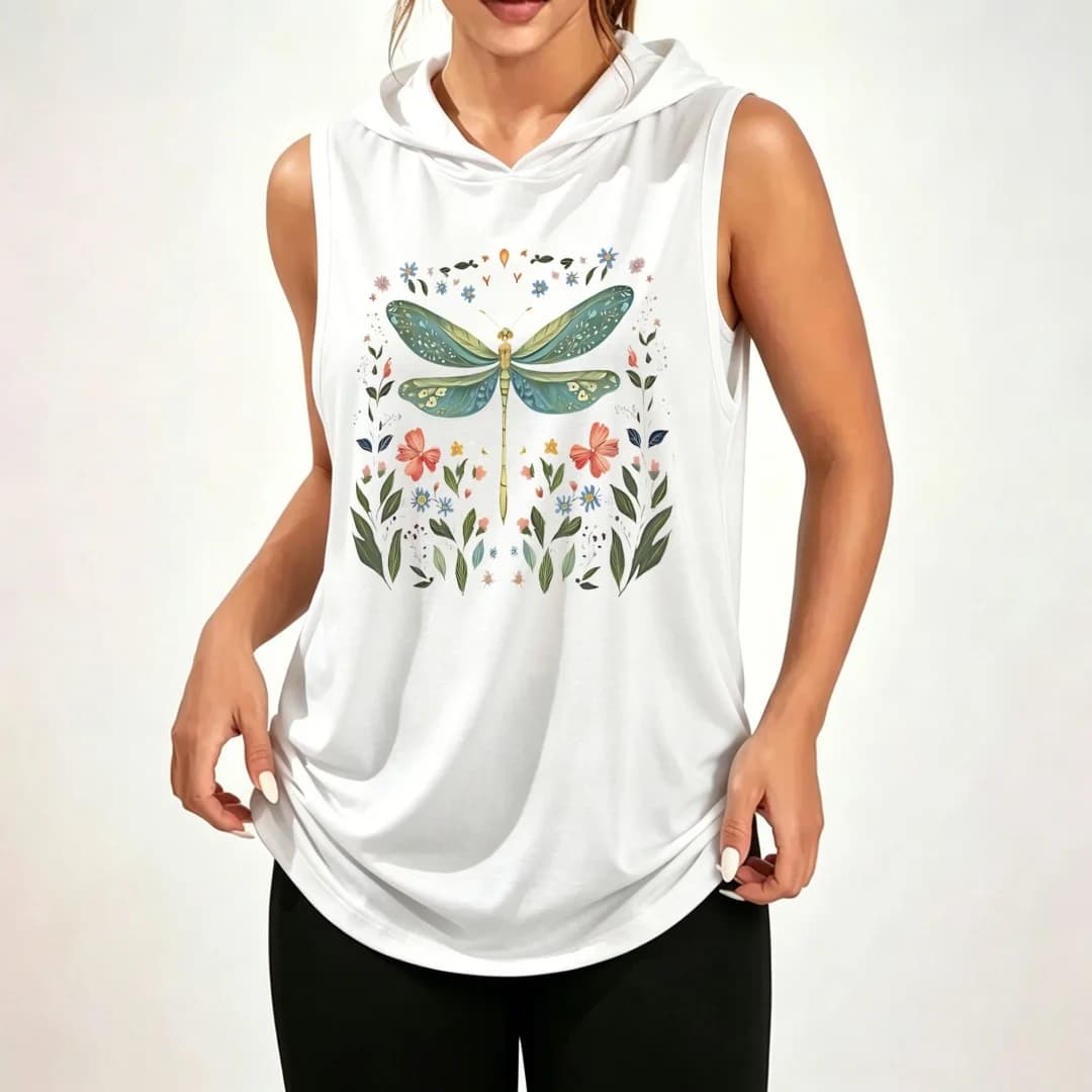 Unisex Sleeveless Hoodie – Watercolor-style dragonfly and wildflower border print, 100% polyester, loose-fit casual athletic top.