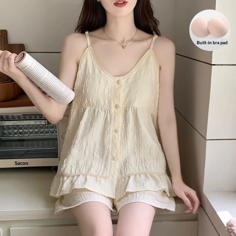Pigiama Estivo Sottile da Donna con Imbottitura sul Petto, Set Casual Giovanile e Sexy per Casa, Abbigliamento Estivo Femminile