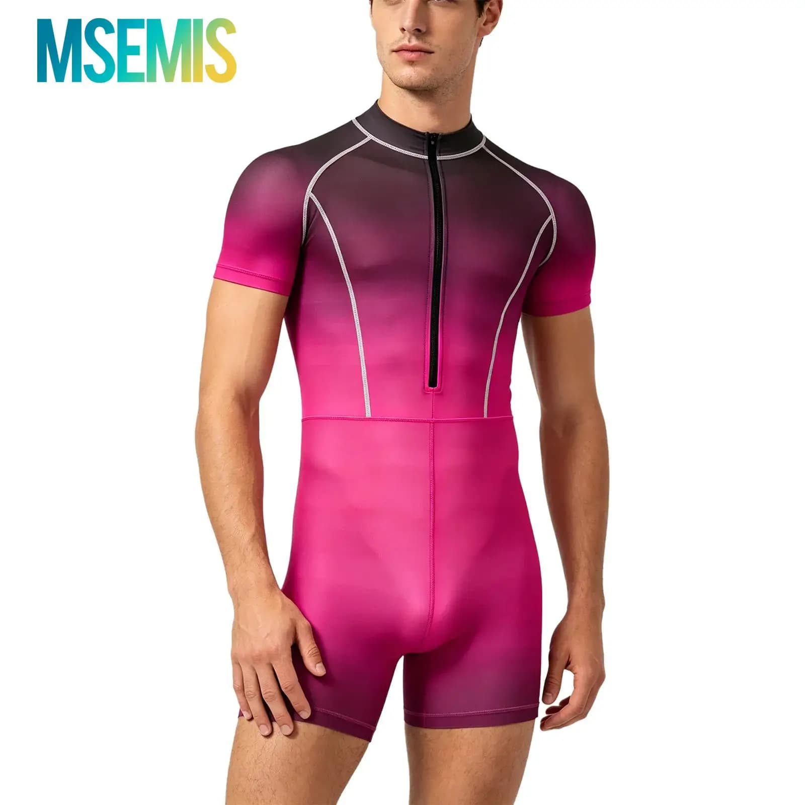 Costume da bagno intero da uomo con protezione UV UPF 50+, modello rash guard sfumato con cerniera frontale e pantaloncini integrati, ideale per surf e immersioni