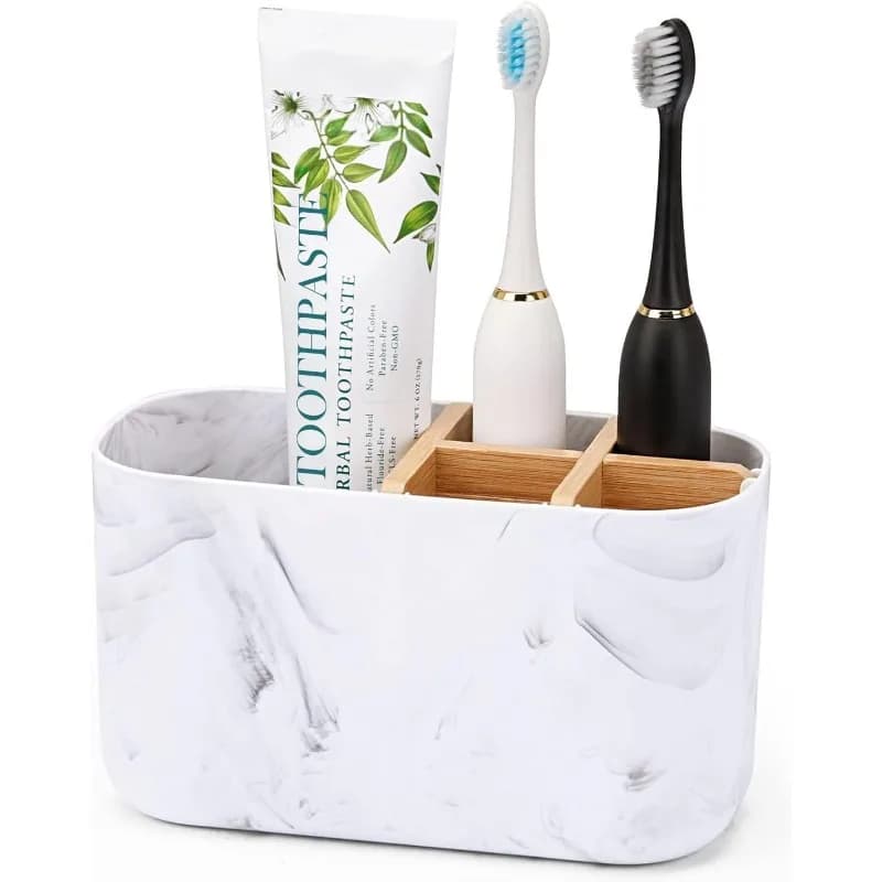 Toothbrush Holders for Bathrooms, 5 Slots Bamboo Toothbrush Holder Kids Electric Toothbrush Holder and Toothpaste Holder for Bathroom Countertop Accessories Storage, Marble Toothbrush Organizer