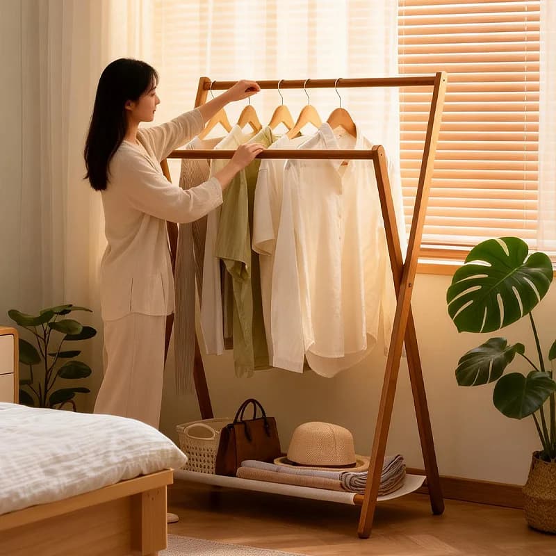 Simple bamboo and wood clothes hanger, clothes hanger, folding clothes hanger, balcony clothes hanger, coat hanger，garment rack
