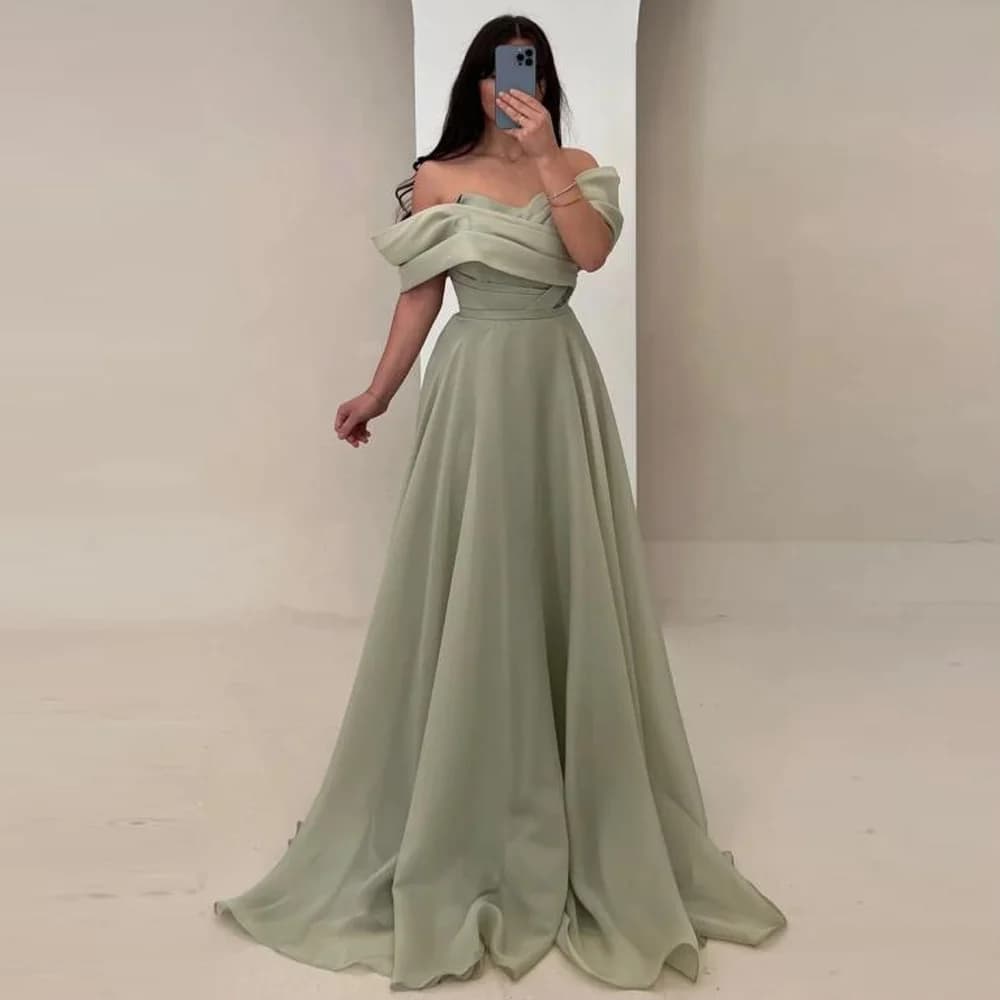 Customized Green Organza Off the Shoulder Evening Dress Modern Style Short Sleeves Party Dresses Classic A-Line Prom Dress