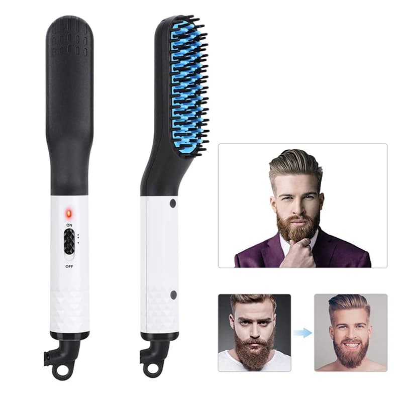 Spazzola Elettrica Riscaldata Portatile 2 in 1 per Capelli e Barba, Piastra Lisciante Rapida per Uomo, Pettine Elettrico per Capelli