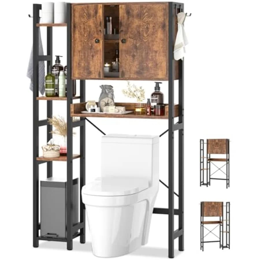 Mobiletto Sopra WC con Ante - Organizzatore Bagno a 7 Ripiani con Finitura Rustica, Scaffale Regolabile, Autoportante Salvaspazio