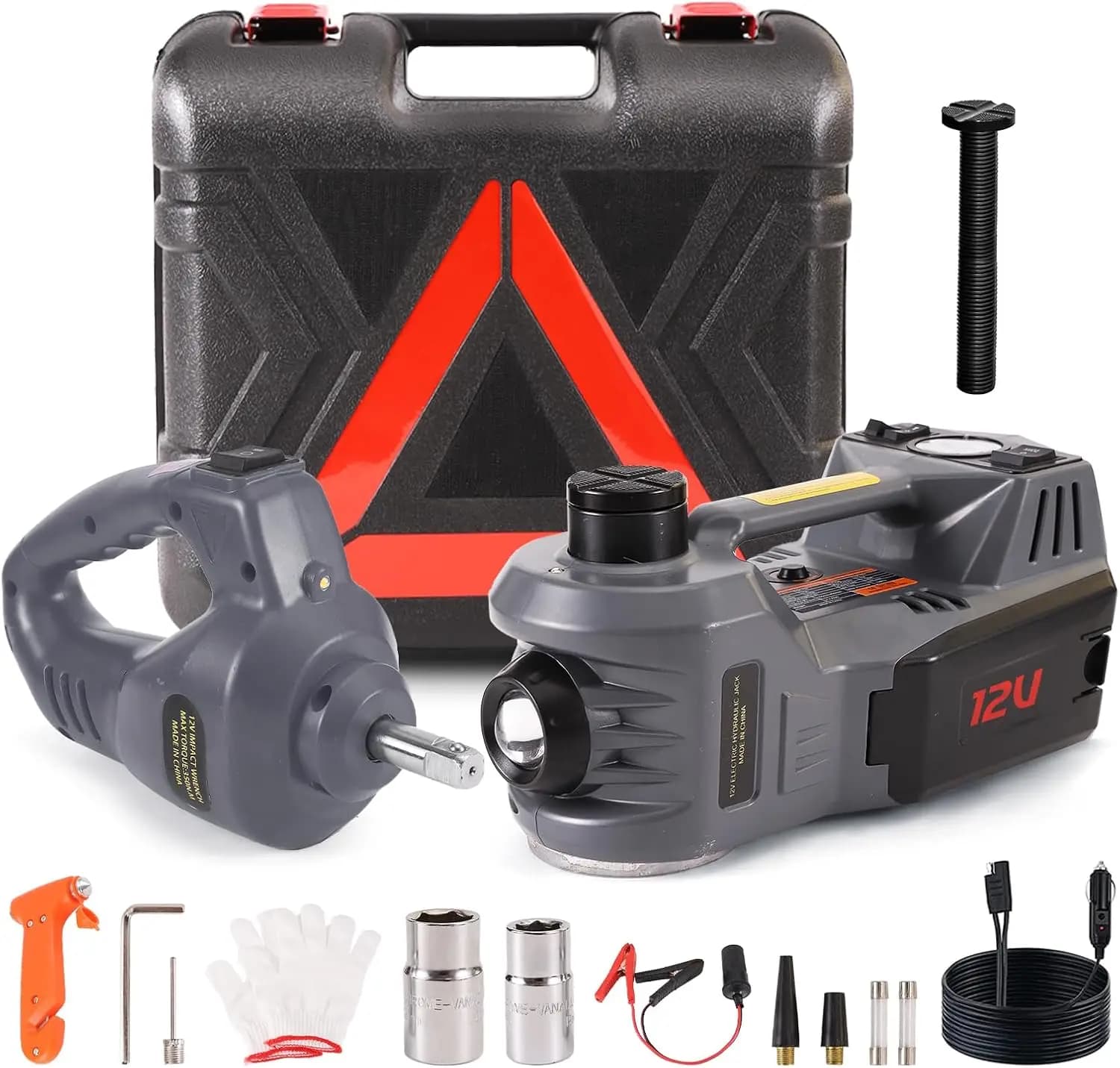 Kit Martinetto Elettrico Portatile da 5 Tonnellate con Avvitatore a Impulsi e Gonfiatore per Riparazioni d'Emergenza Veicoli
