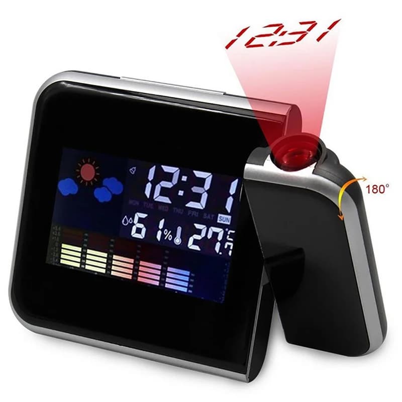 Sveglia digitale Proiezione da parete Meteo Schermo LCD Allarme snooze Orologio girevole doppio laser Orologio da tavolo con display a colori