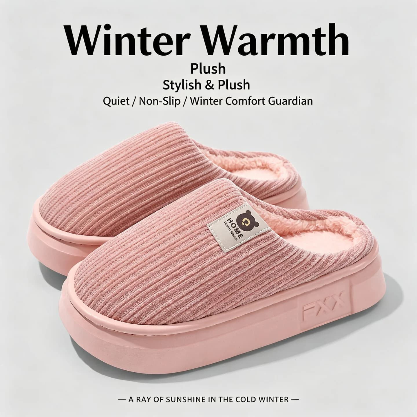 Winter Warm Plush Slippers Women Men Striped Corduroy Thick EVA Sole House Shoes Anti-Slip Indoor Outdoor Bedroom Cotton Mules