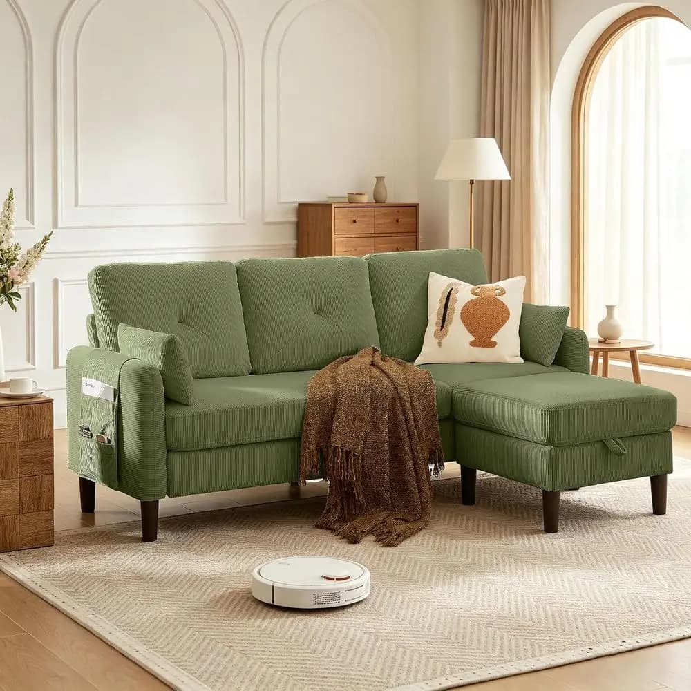 ern Sectional Soa with Storage Ottoman, L-Shaped 3-Seat Couch with 2 Pillows and Side Storage kage, Reversible Small Sectional o