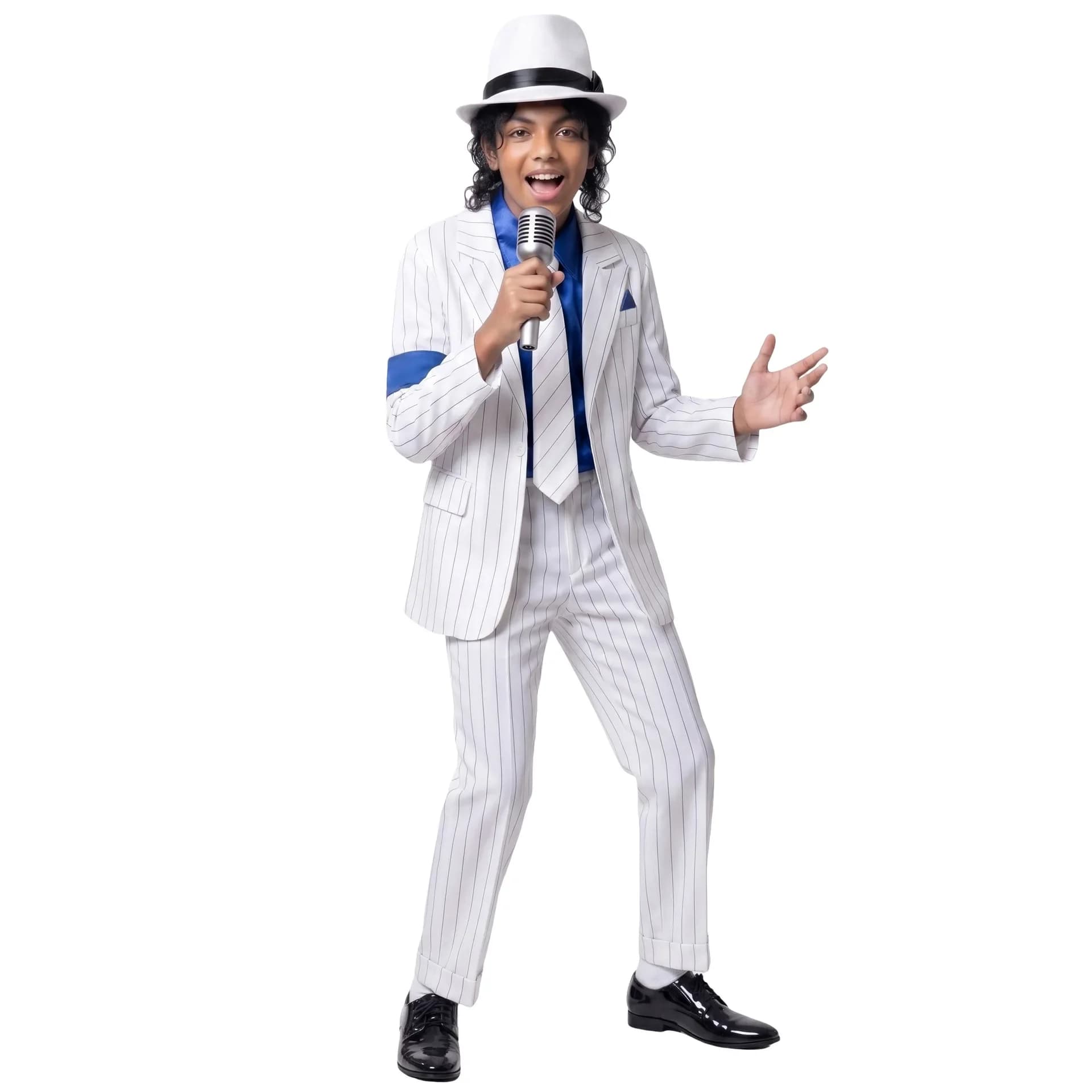 Halloween Carnival Jackson Costume Dancer Singer Moonwalk Stage Outfits 80s Pop Rock Superstar Dress Up White Striped Suit