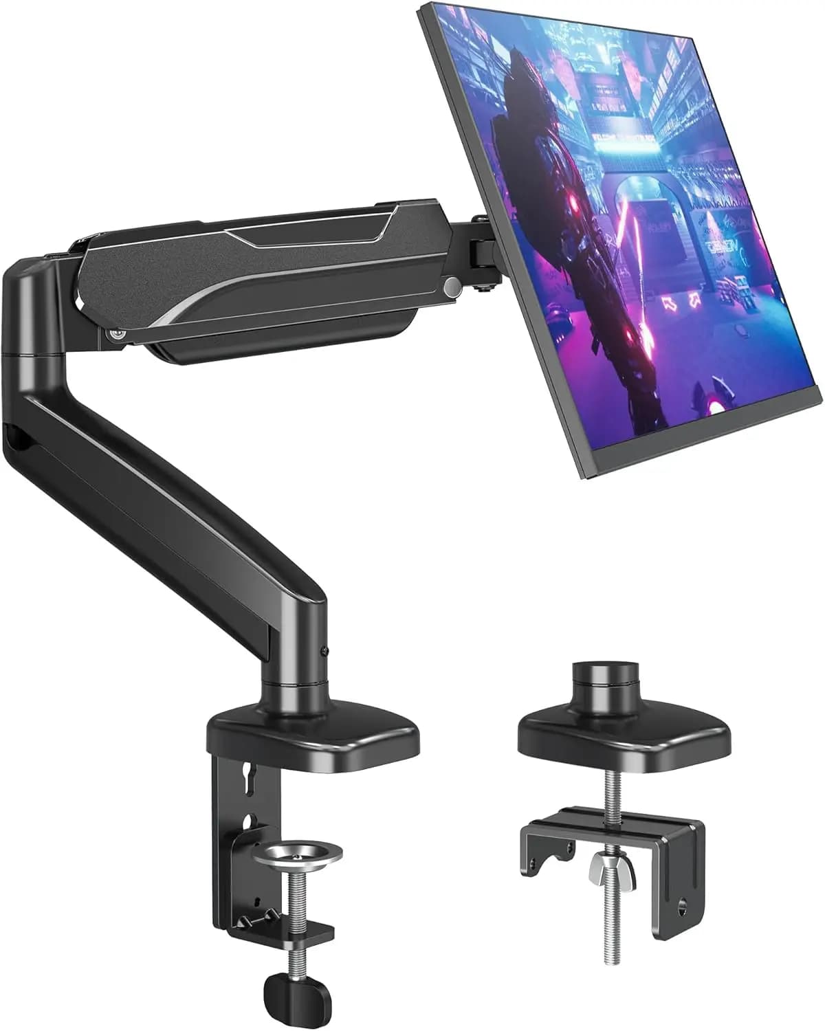 Supporto da scrivania per monitor singolo per schermi da 32 pollici, braccio regolabile in altezza con base a morsetto/foro passante, compatibile VESA