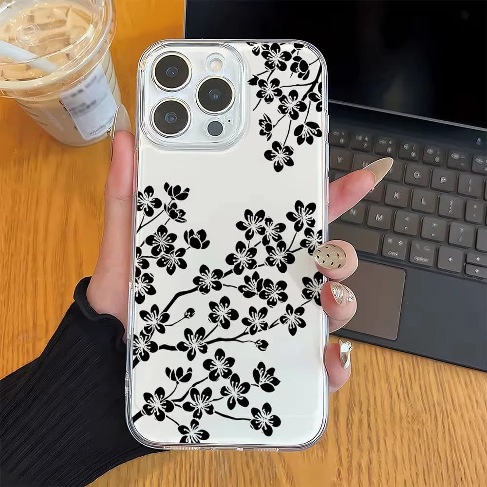 Phone Case For Xiaomi 15 Ultra 15 12T 13T 14T 15T 12 13 14 Pro 17 Pro Max MI 11 Lite Transparent Minimal Ink Black Floral Cover