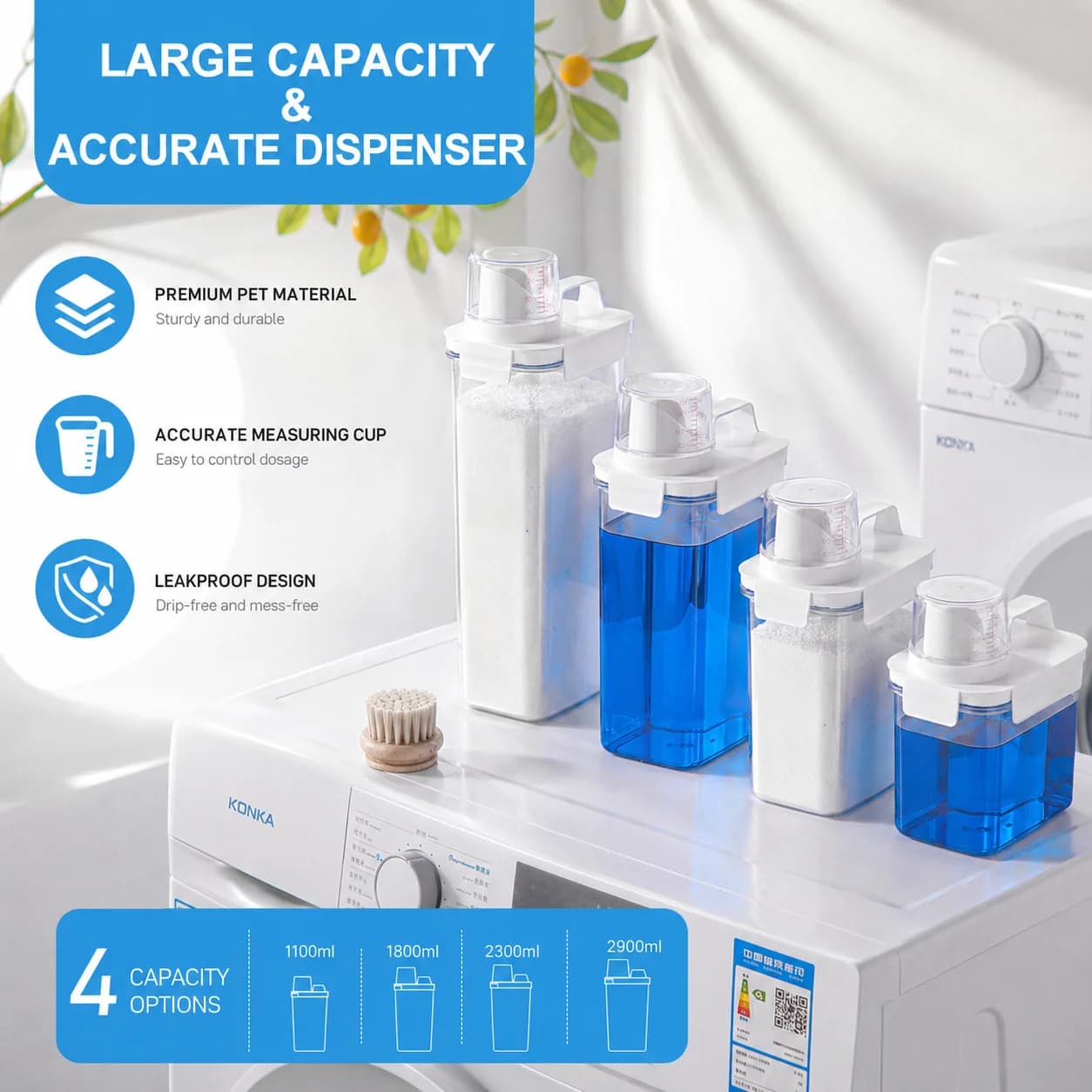Dispenser di detersivo per bucato, dispenser di sapone trasparente per bucato, contenitore ermetico per alimenti con misurino, forniture per la casa