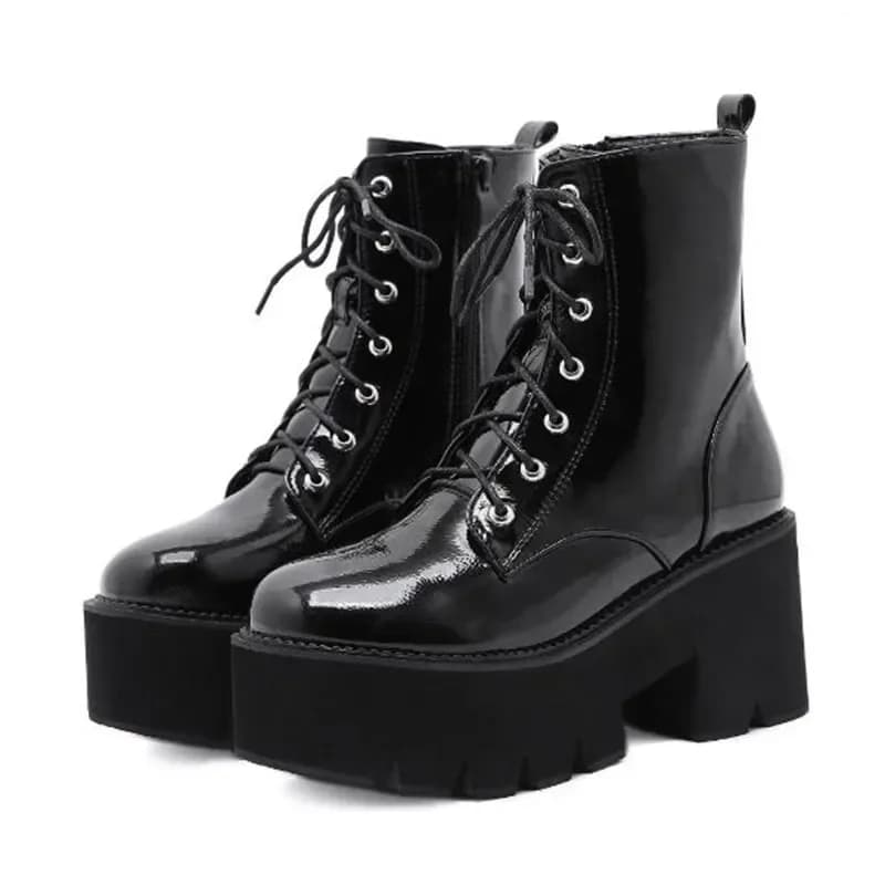 Stivali da moto robusti alla moda per donna Stivali gotici autunno inverno Stivali da combattimento stringati con punta tonda moda Scarpe con tacco alto da donna