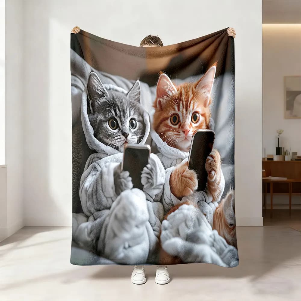 1pc Cartoon Cute Kitten Print 230g Flannel Blanket, Multi Size Soft Nap Cover Blanket, Gift Blanket