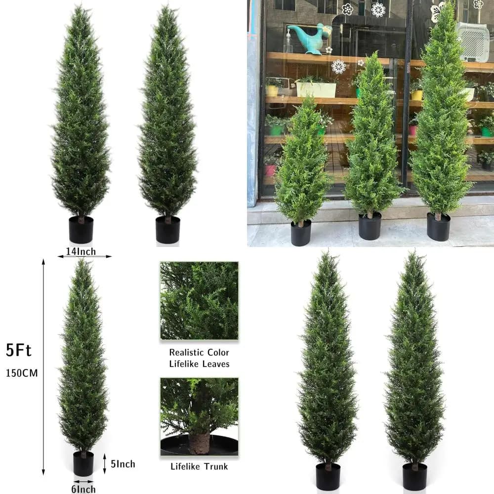 Set of 2 Artificial Topiary Trees with Plants in Vase, Pine and Cypress in Silk for External and Domestic Decoration