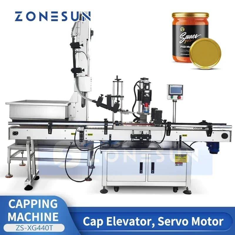 Macchina tappatrice automatica ZONESUN ZS-XG440 con servomotore per vasetti di vetro di ketchup, pasta, salsa chili, con pinza elevatrice.