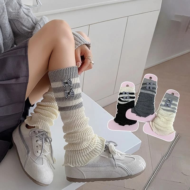 Scaldamuscoli con fiocco carino per bambini Ragazza Polsini per stivali in maglia Lolita Calzini per stivaletti impilabili alla moda Accessori per abiti alti al ginocchio per bambini
