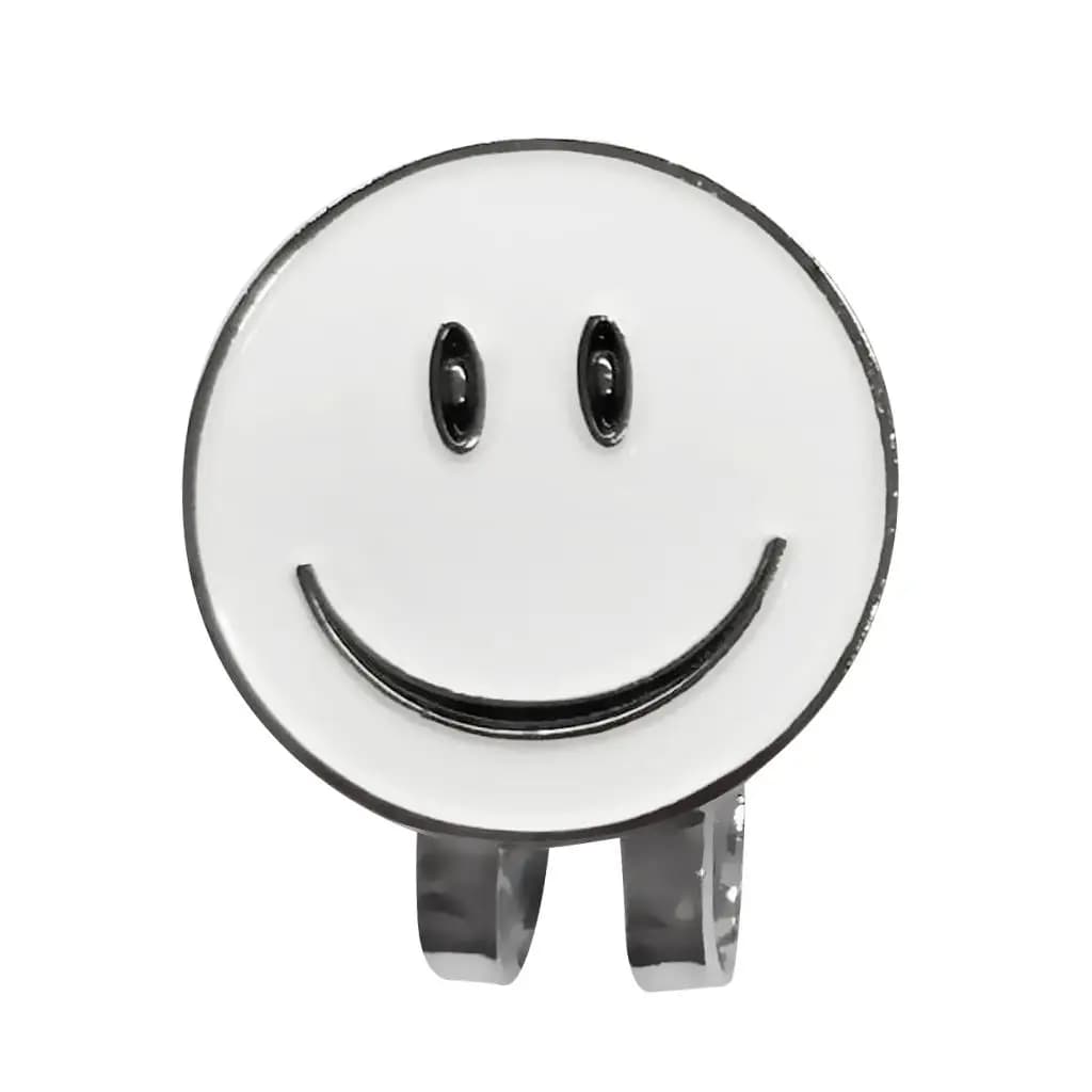 Simpatico marcatore per palline da golf con motivo a volto sorridente con clip magnetica per cappello da golf, bianco