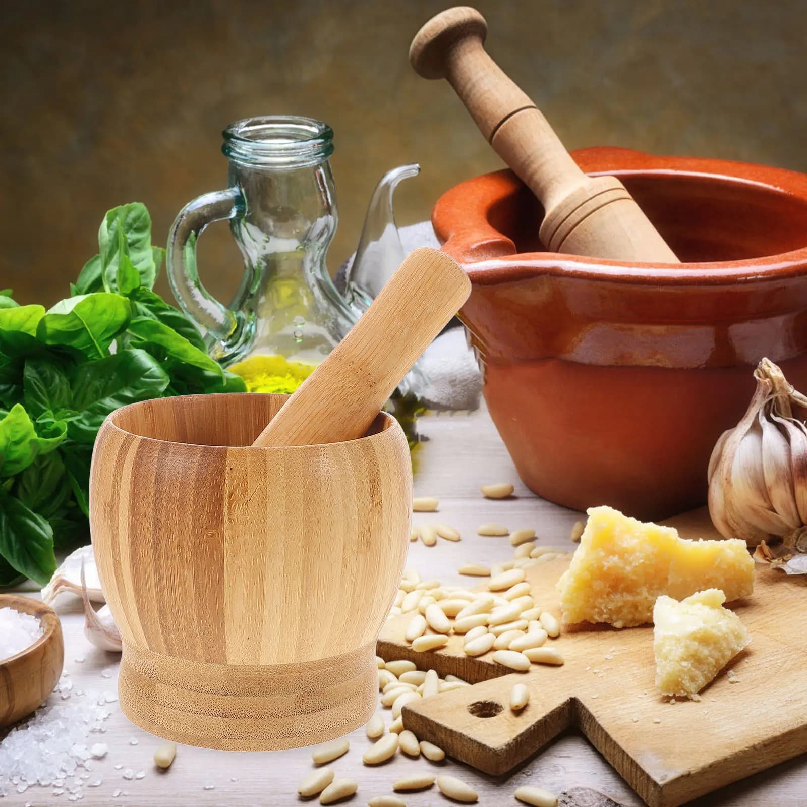 Set di 1 Mortaio e Pestello in Legno per Schiacciare l'Aglio, Robusto Tritatore da Cucina per Miscelare Spezie Fresche ed Essiccate, Kit per Schiacciare l'Aglio