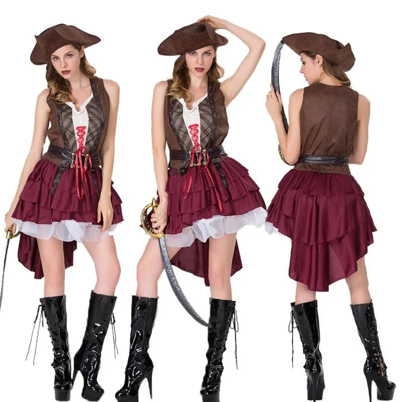 Caribbean Female Pirate Cosplay Somali Pirates Costume Hat Top Skirt Belt Sleeves Suit Role Play Outfit for Women Halloween