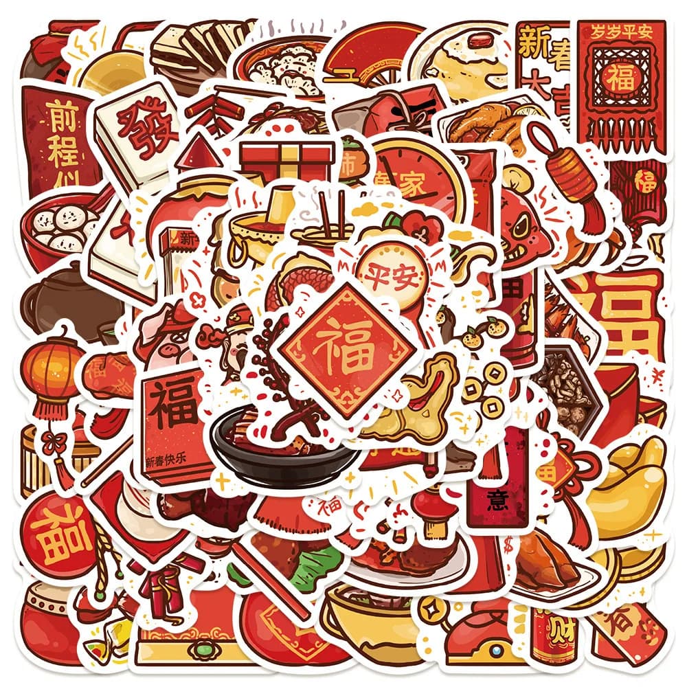 80 pezzi di cartoni animati in stile nazionale per Capodanno, Cina, adesivi per valigia, laptop, bagagli, telefono, car styling, adesivi fai da te