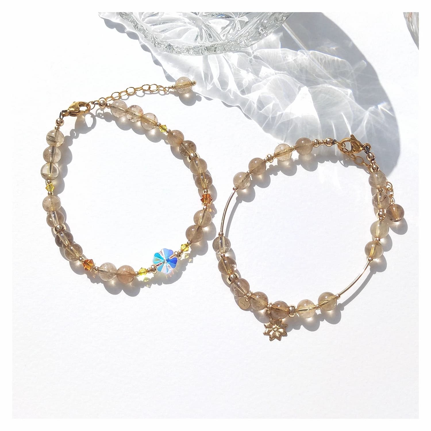Lii Ji Quartz in Natural Gold Ruthened 6mm American 14K Bracelet with Gold Pendants Filled Handmade Fashion Jewelry for Party