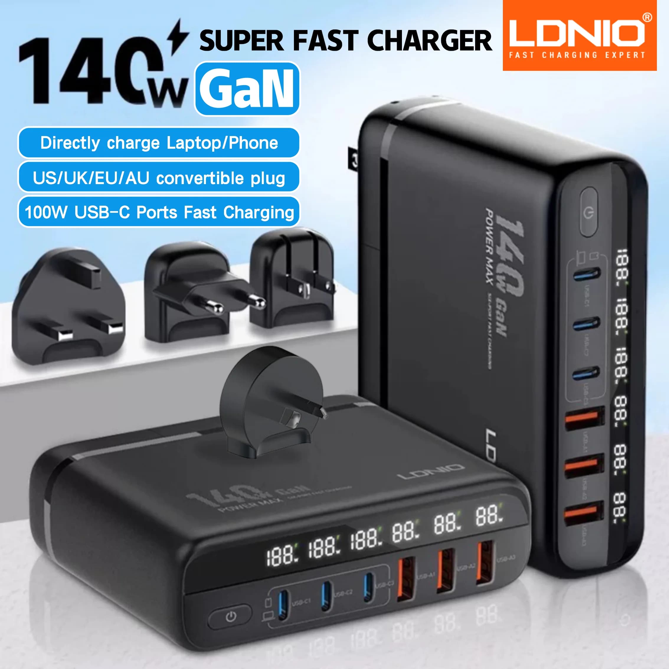 LDNIO 140W GaN Adattatore da viaggio internazionale Blocco caricabatterie USB C Porta 100W Display a LED AU US UK EU Stazione di ricarica Caricatore da muro