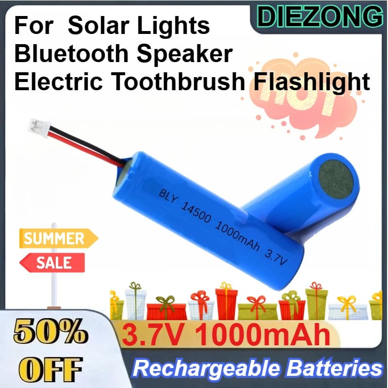 2 rechargeable lithium batteries 14500 from 3.7 V 1000 mAh for flashlight, solar lights, Bluetooth speaker, electric toothbrush