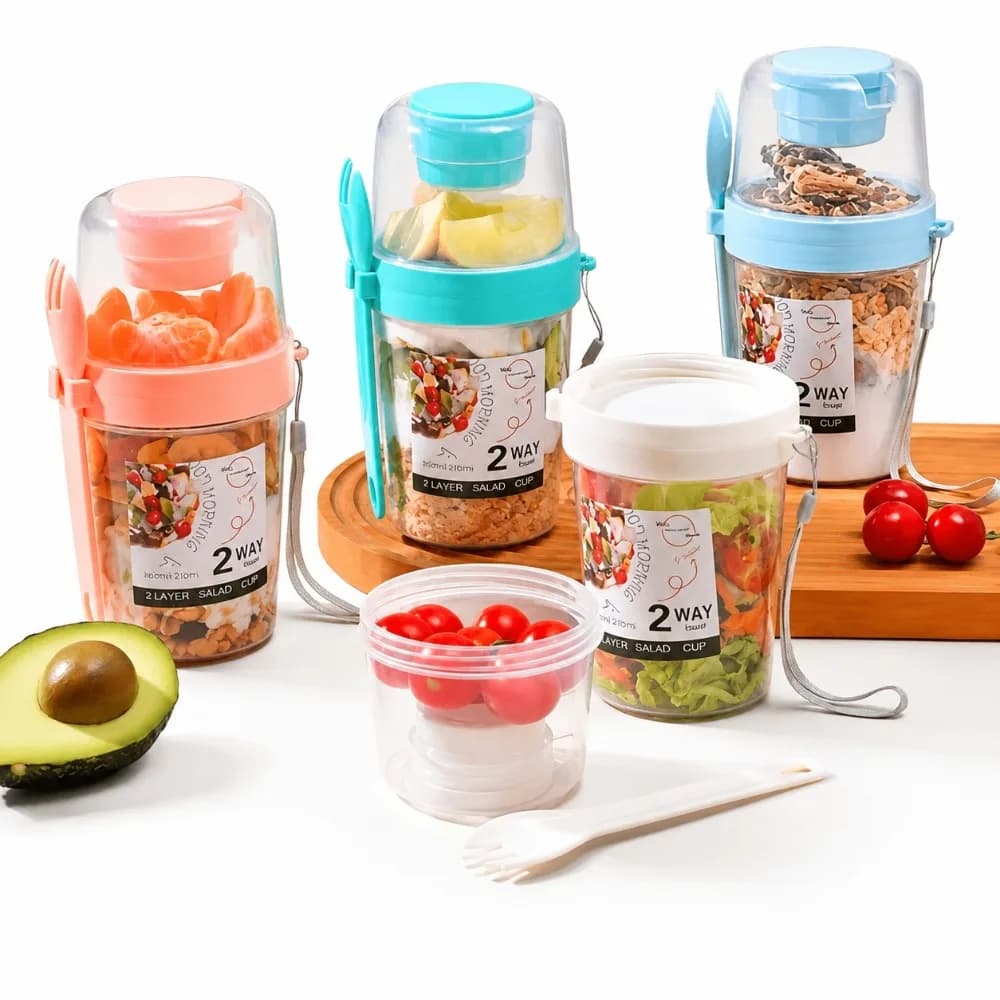 Double Layer Salad Cup Portable Leakproof Breakfast Container Fork Fruit Yogurt Cereal Bottle Air Fryer Liner Kitchen Gadgets