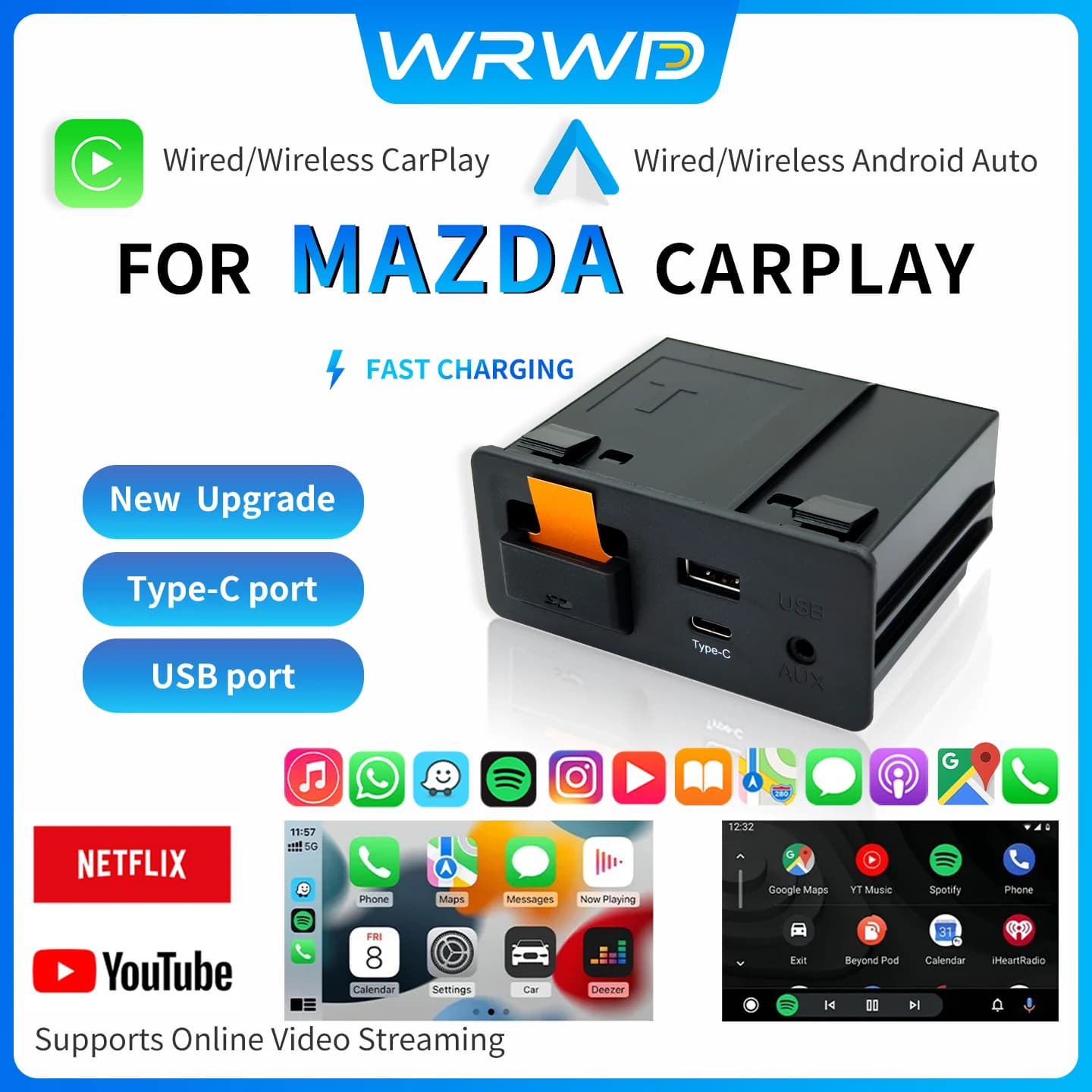 Type-C Adapter for Mazda Carplay and Android Auto for Retrofit Mazda 2 3 6 CX3 CX5 CX8 MX5 HUB USB Kit TK78669U0C