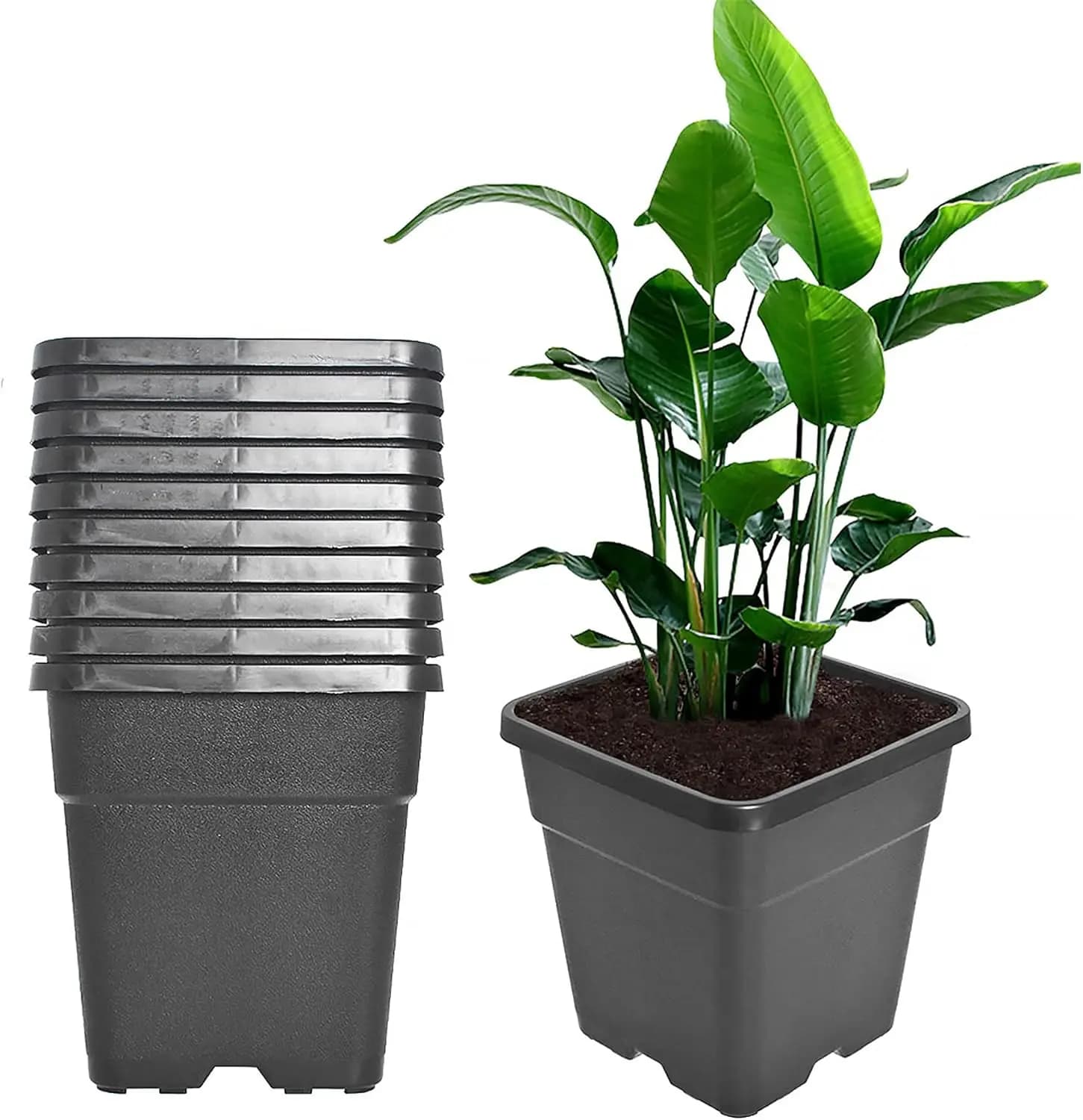 10-Pack 10 Gallon Square Plastic Planter Pots, Injection Molded Nursery Containers for Seed Starting, Indoor & Outdoor Plants, Seedlings, Flowers, Vegetables - Black