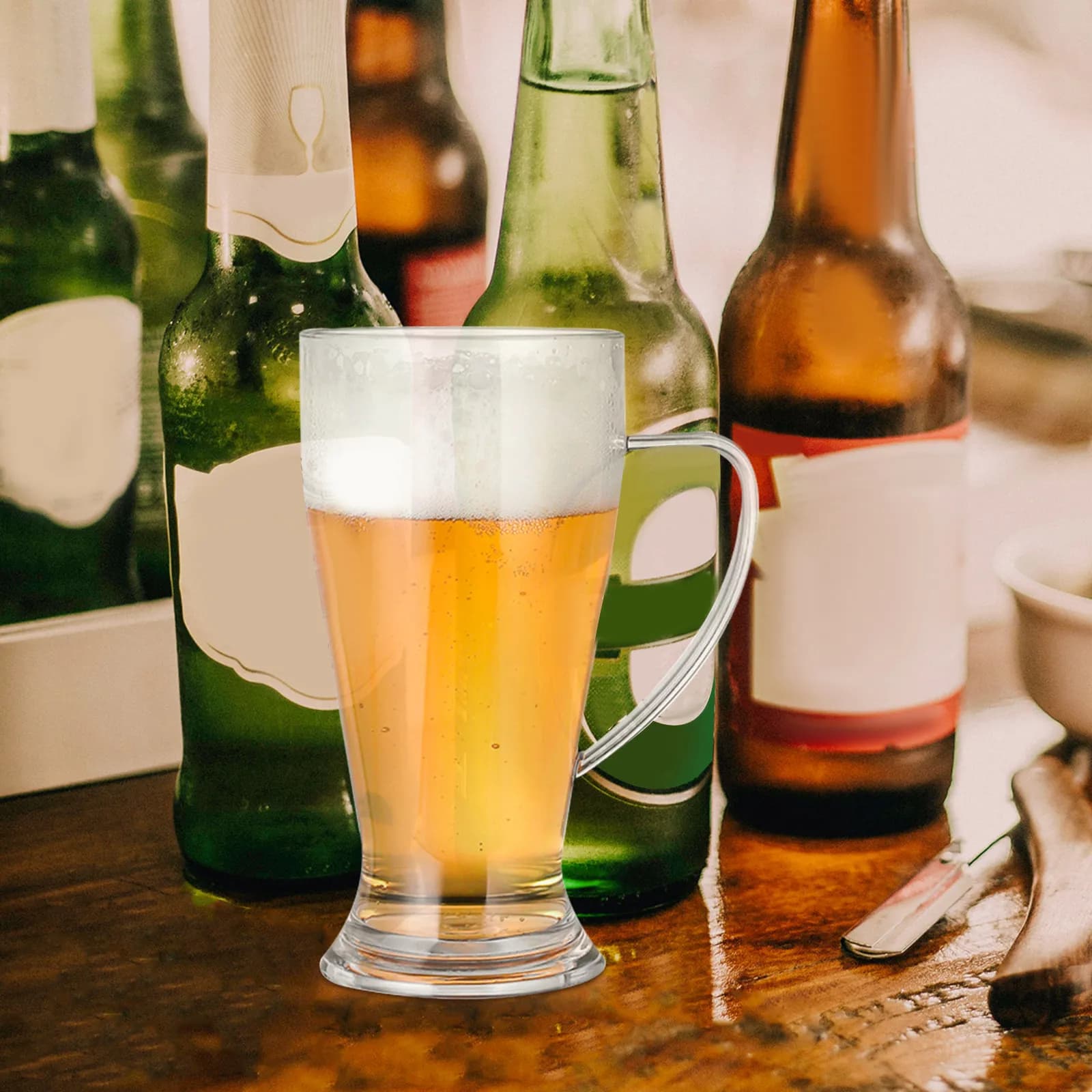 Boccale da Birra Trasparente da 460 ml con Base Pesante e Manico Ergonomico, Bocca Larga per Birra Fredda, Cocktail, Succhi, Acqua, Feste, Regalo di Inaugurazione Casa
