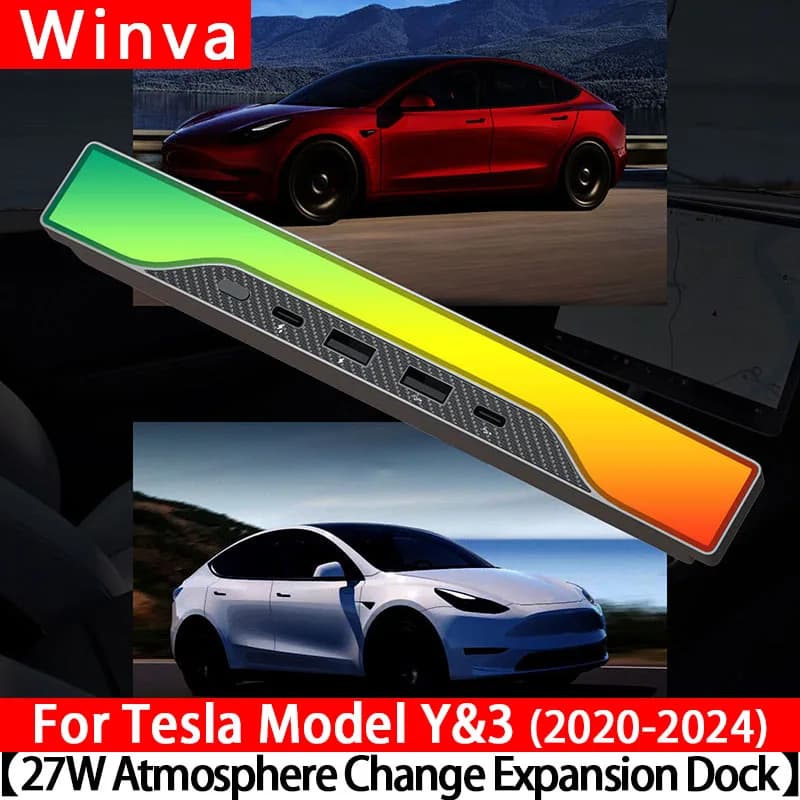 For Tesla Model Y&3 Accessories USB Hub 4-Port 27W Fast Charger Smart Docking Station Adapter Power Shunt Splitter Extension