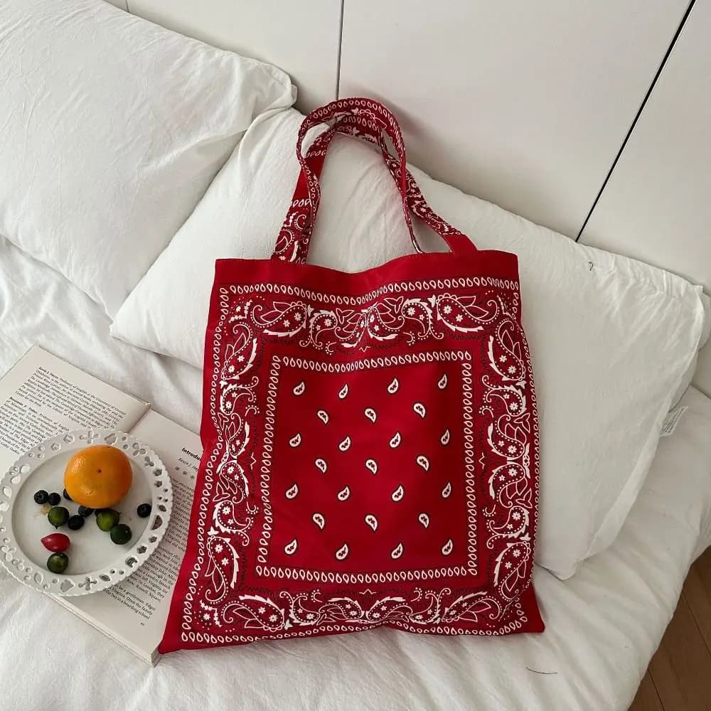 Elegant Printed Cashew Flower Canvas Bag Large Capacity Retro Canvas Tote Bag Shopping Bag Lightweight Women's Handbag Summer