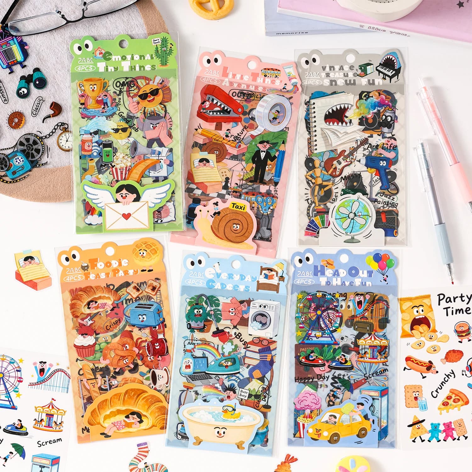 4Pcs PET Sticker Set - Cartoon Doodle & Funny Food Theme for Journal Scrapbook DIY Decor