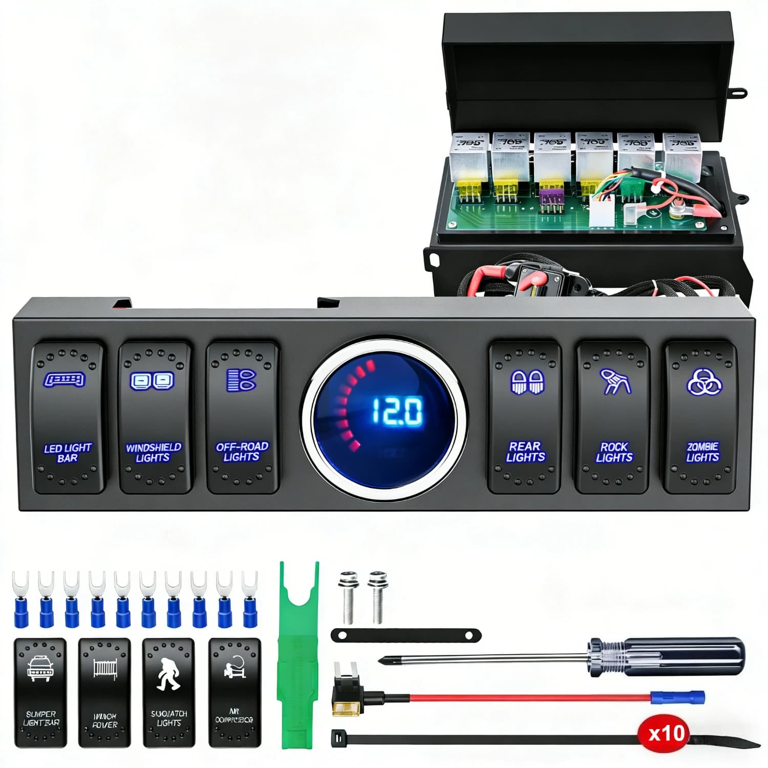 Waywe 6 Gang 12V Interruttore A Bilanciere Pannello Relè Scatola Sistema di Controllo del Circuito con Coperture Interruttore 80A per Jeep Wrangler JK JKU 2007-2018