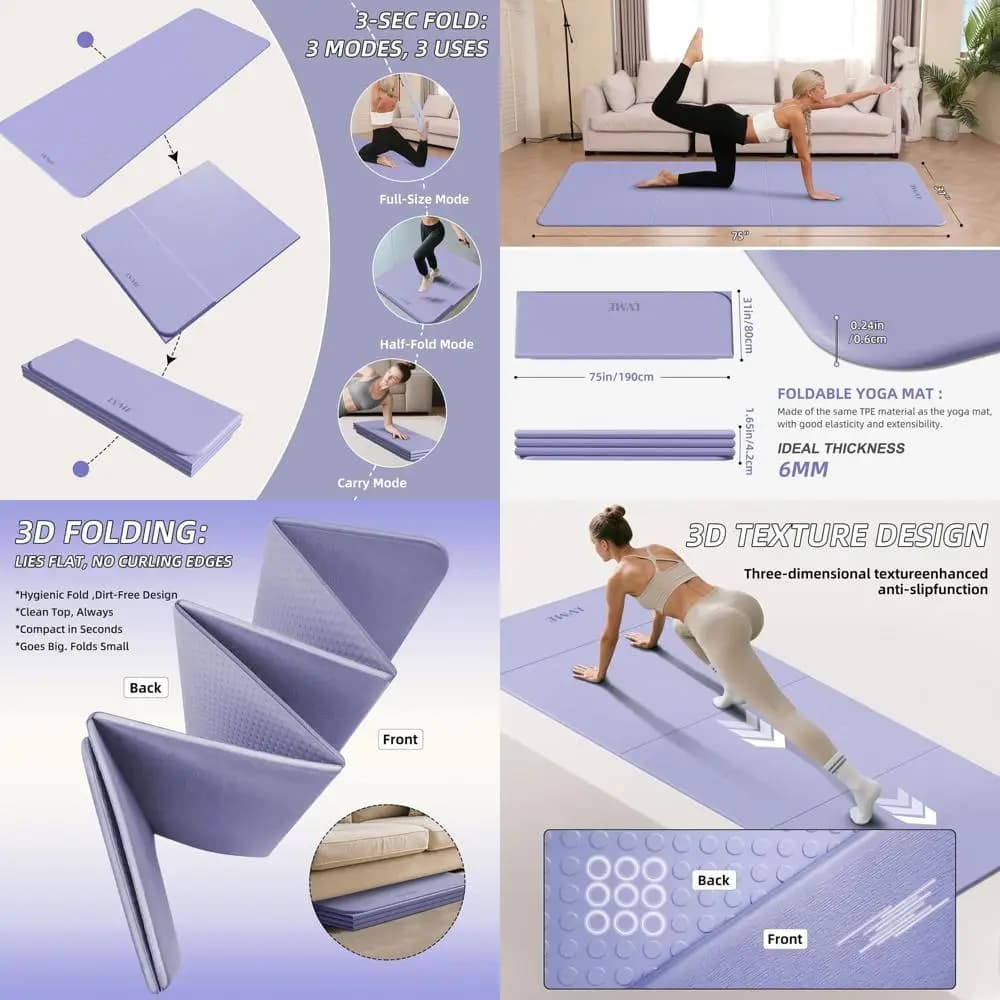 Extra Long Folding Yoga Mat - 75x31 Light Mat for Men and Women, Ideal for Yoga, Pilates and Exercises at Home