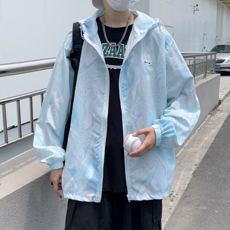 Summer Thin Gradient Color Dyed Hooded Sun Protection Jacket Casual Loose Fit Zipper Closure Long Sleeve Youth Fashion Street...