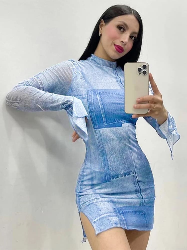 Mini abito dolcevita a maniche lunghe in Denim da donna, Streetwear intero, abito da notte Sexy, vestiti caldi Y2K