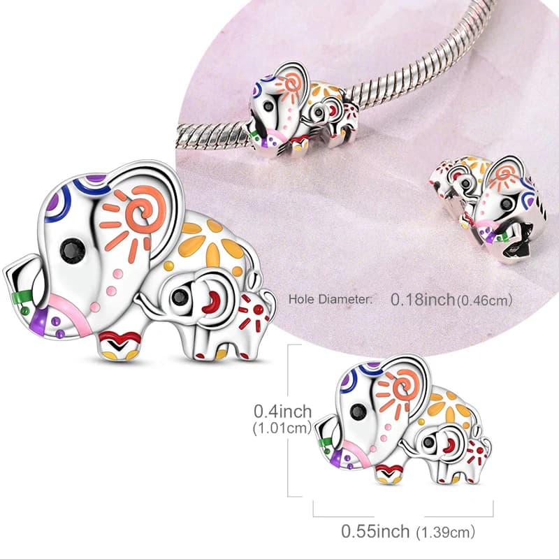 Charm Originale in Argento Sterling 925 con Elefante Dipinto, Madre e Figlio, Compatibile con Bracciali Originali, Gioielli Fai-da-Te per Donne, Regalo per la Festa della Mamma